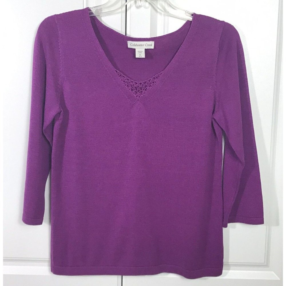 Coldwater Creek Size XS Purple Silk Blend 3/4 Sleeve Crochet Lace Sweater Top